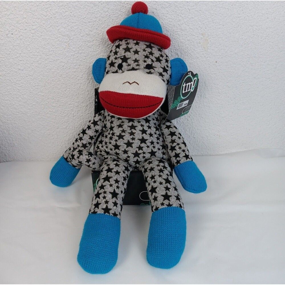 Toys R Us Star Pattern Sock Monkey Plush 15inch Grey Blue Soft Toy Tag Attached